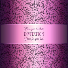 Romantic background with antique, luxury metal pink vintage card, victorian banner, rose flower wallpaper ornaments, invitation card, baroque style booklet with text