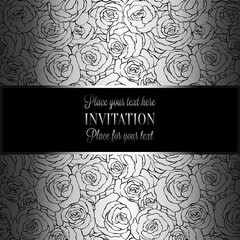 Abstract background with roses, luxury metal silver vintage tracery made of roses, damask floral wallpaper ornaments, invitation card, baroque style booklet, fashion pattern, template for design