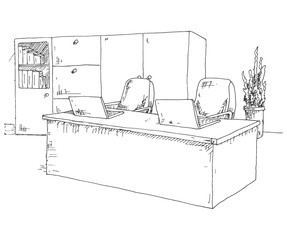 Tables, chairs. Vector illustration in a sketch style.