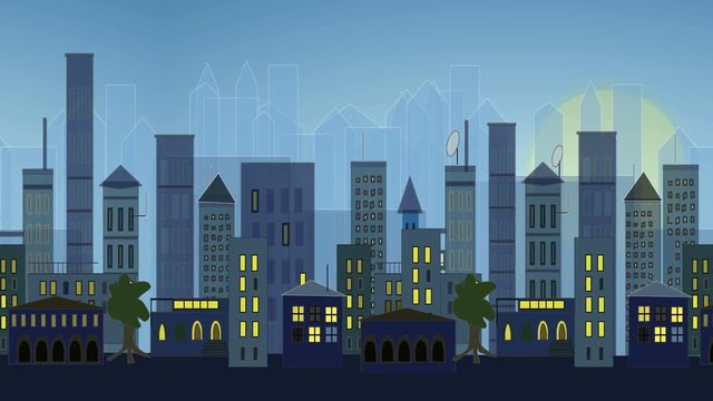 Cityscape animation - city business center - camera pan along buildings, skyscrapers, houses. Morning or evening. Animation, cartoon style.