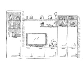 Hand drawn sketch. Linear sketch of the interior. Bookcase, dresser with TV and shelves. Vector illustration