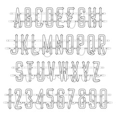 White Neon Casual Script Font with uppercase letters from A to Z and digits from 0 to 9 with wires, tubes, brackets and holders black strokes isolated on white background. Vector illustration.
