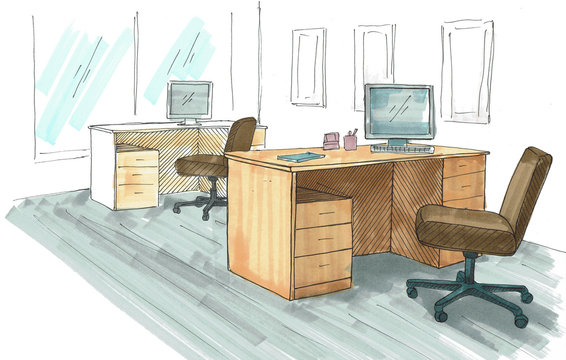 Open Space office. Workplaces outdoors. Tables, chairs and windows. A bright sketch drawn by markers.