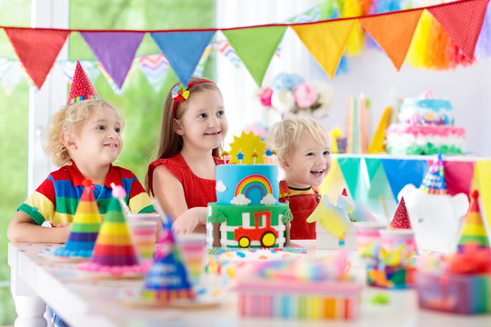 Kids party. Birthday cake with candles for child.