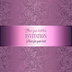 Romantic background with antique, luxury metal pink vintage card, victorian banner, rose flower wallpaper ornaments, invitation card, baroque style booklet with text