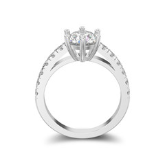 3D illustration isolated white gold or silver solitaire engagement diamond ring with shadow