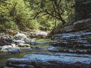mountain canyon river reflection stream rocks