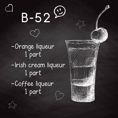 Simple recipe for an alcoholic cocktail B-52. Drawing chalk on a blackboard. Vector illustration of a sketch style.