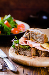 Cheese and ham sandwich of fresh organic bread