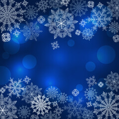 Snowflakes winter background. White doodle hand drawn elements on blue background. Christmas and New Year holiday design for greeting cards, web page backgrounds, banners. Vector illustration.