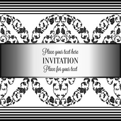 Romantic background with antique, luxury gray, black and metal silver vintage frame, victorian banner, intricate exquisite rococo wallpaper ornaments, invitation card, baroque style booklet, gothic