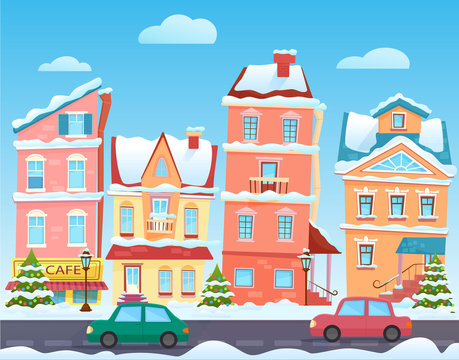 Winter cartoon city landscape. Vector Christmas background with funny houses. Snowy town at holiday eve.