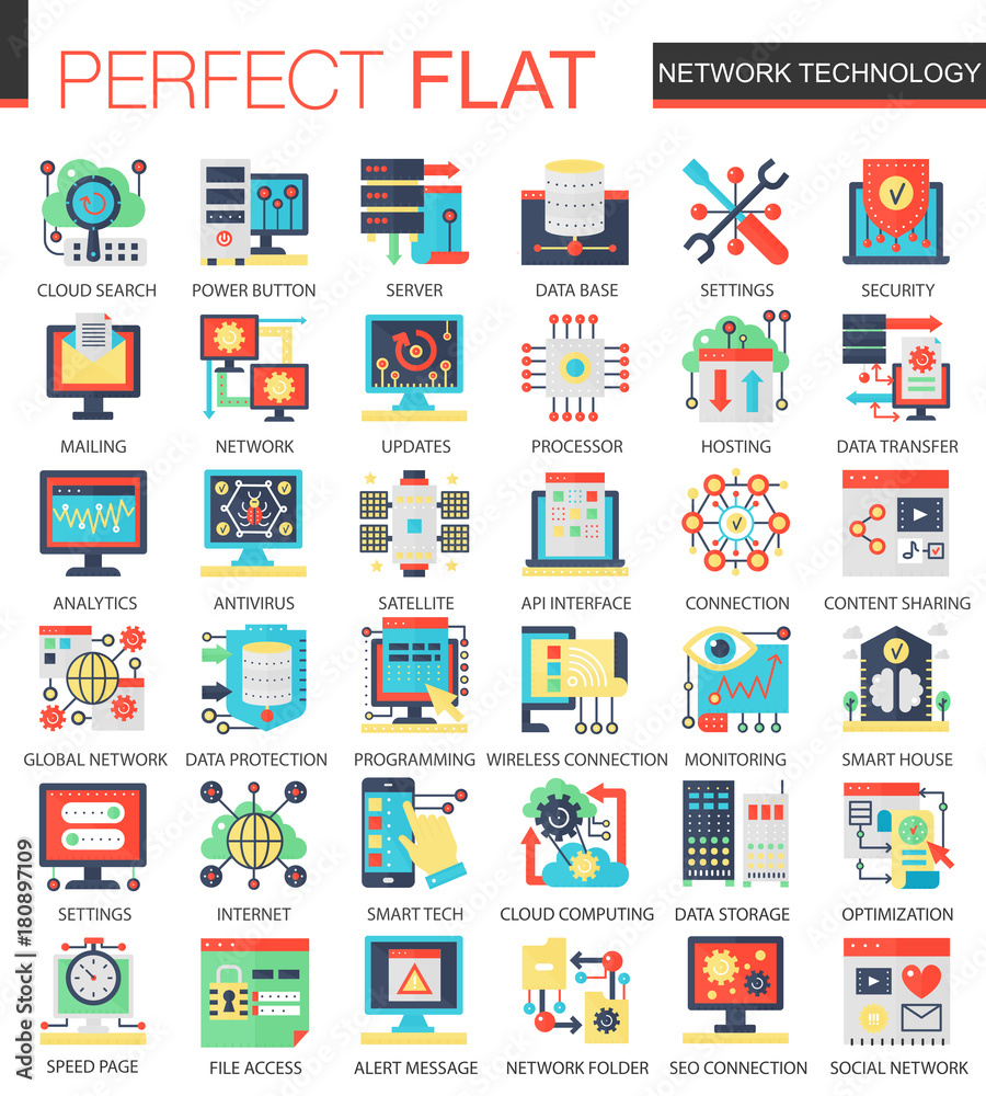 Poster Vector Network technology complex flat icon concept. Web infographic icons design.