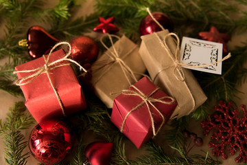 Christmas present wrapped in kraft paper with natural decoration