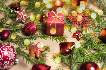 Christmas present wrapped in kraft paper with natural decoration