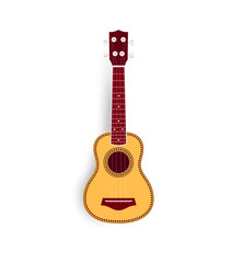 Ukulele vector realistic illustration, yellow small soprano ukulele logo for music shop or web. Hawaiian guitar, national musical instrument.