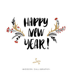 Happy New Year. Christmas calligraphy. Hand drawn brush lettering.