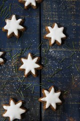 Obraz na płótnie Canvas Christmas cookies background with copy space on dark blue frame,top down view