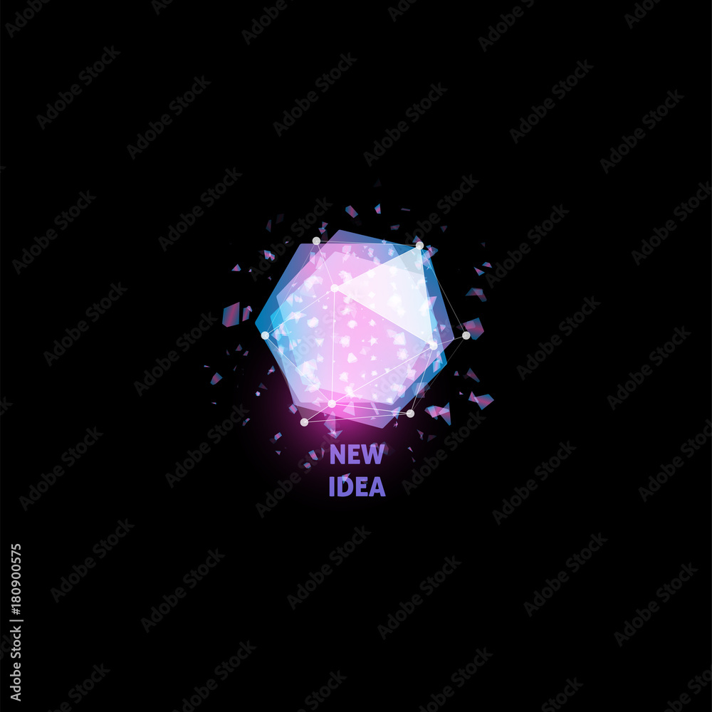 Poster new idea logo, light bulb abstract vector icon. isolated pink and blue polygons shape, stylized lamp
