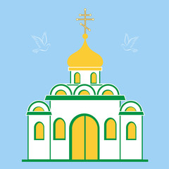 Color illustration of little white orthodox church, doves,