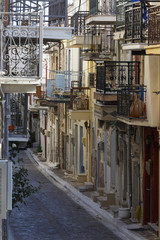 Balconies on the facades of houses in Pyrgi village on Chios island, Greece.

