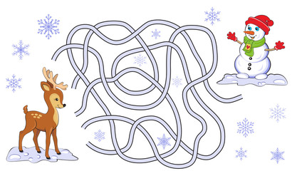 Christmas maze game with pictures of the snowman and a reindeer. 