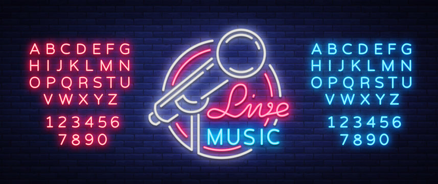 Live musical vector neon logo, sign, emblem, symbol poster with microphone. Bright banner poster, neon bright sign, nightlife club advertising, karaoke, bar and other institutions with music. Editing