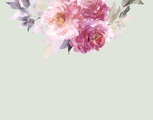 Greeting card with peonies watercolor painting.