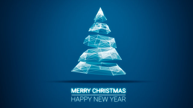 modern future christmas tree and Merry Christmas and Happy New Year greetings message on blue background.Elegant holiday season social digital card for technology, futuristic business