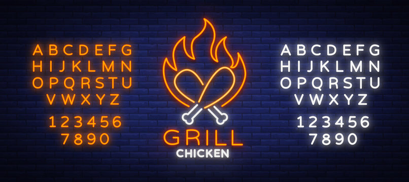 Logo Chicken Grill emblem, neon-style sign for food store, restaurant. Neon sign, glowing banner, nocturnal bright advertisement chicken barbecue. Vector illustration. Editing text neon sign