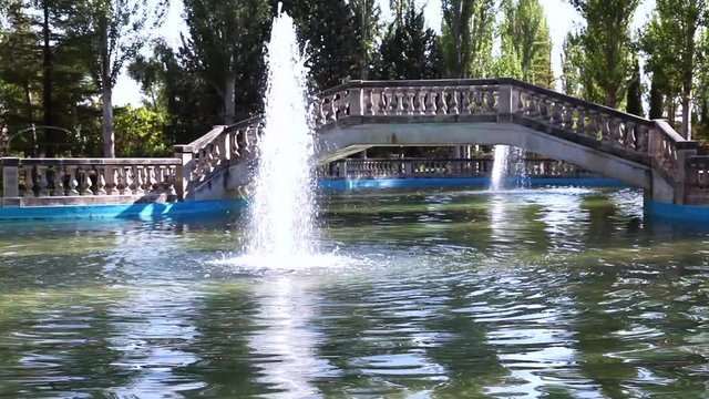 estanque con una fuente en el centro con un gran chorro de agua y atravesado por un puente con escaleras que lo atraviesa