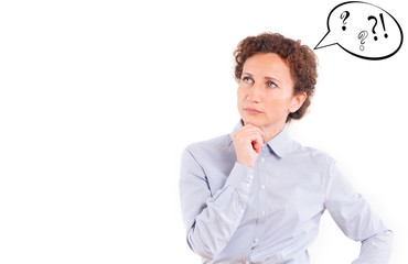 Businesswoman with hand on chin posing against white background