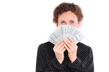 Attractive pensive lady holding cash