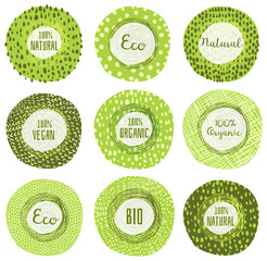 Round vector organic, bio or eco labels for healthy food packaging, cosmetics and product design