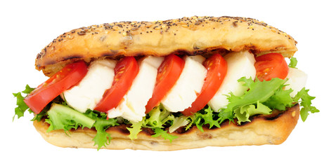 Fresh mozzarella cheese and tomato sandwich with lettuce in a seed covered bread roll isolated on a white background