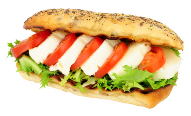 Fresh mozzarella cheese and tomato sandwich with lettuce in a seed covered bread roll isolated on a white background