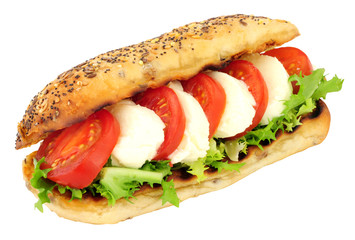 Fresh mozzarella cheese and tomato sandwich with lettuce in a seed covered bread roll isolated on a white background