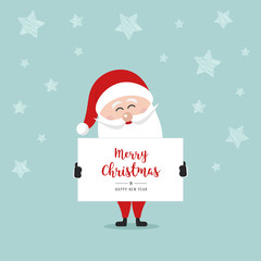 santa claus hold banner merry christmas greeting text scribble drawing stars background