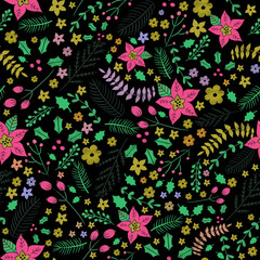 Hand drawn seamless background pattern Winter Christmas New Year style.