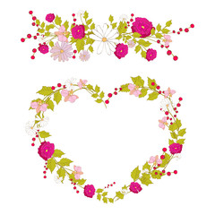 beautiful pink flowers ,heart,wreath on a white, hand drawn