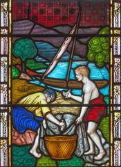 LONDON, GREAT BRITAIN - SEPTEMBER 19, 2017: The parable of the Net on the stained glass in St Mary...