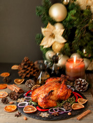 Baked turkey or chiken or Christmas or New Year Thanksgiving Day space for text