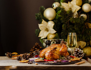 Baked turkey or chiken or Christmas or New Year Thanksgiving Day space for text