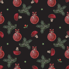 Embroidery christmas pattern with mushrooms, pine and balls. Vector embroidered new year floral design for fashion, fabric, wrapping. - 180910797