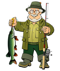 The fisherman caught a pike. Cartoon character.