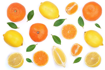 lemon and tangerine with leaves isolated on white background. Flat lay, top view. Fruit composition