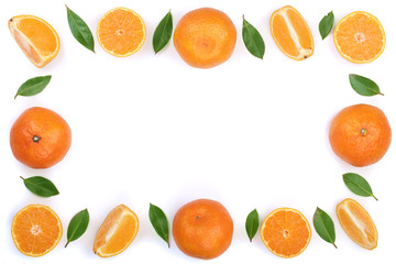 frame of orange or tangerine with leaves isolated on white background with copy space for your text. Flat lay, top view