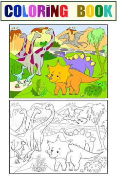 Cartoon Coloring for children dinosaurs in nature