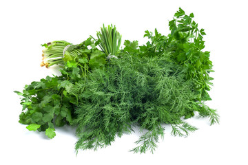 parsley and coriander bunch tied with ribbon isolated on white background