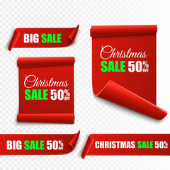 Set of red Christmas banners. Paper scrolls. Vector Xmas sale stickers.